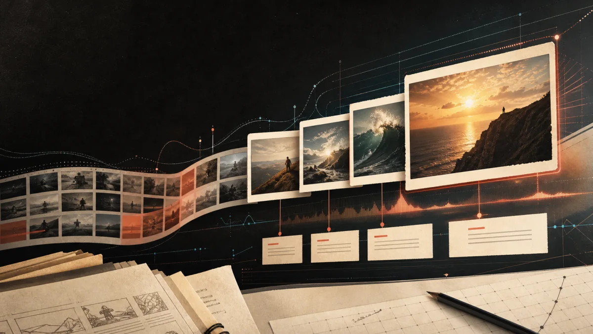 Editorial storyboard showing selected video scenes and timed captions