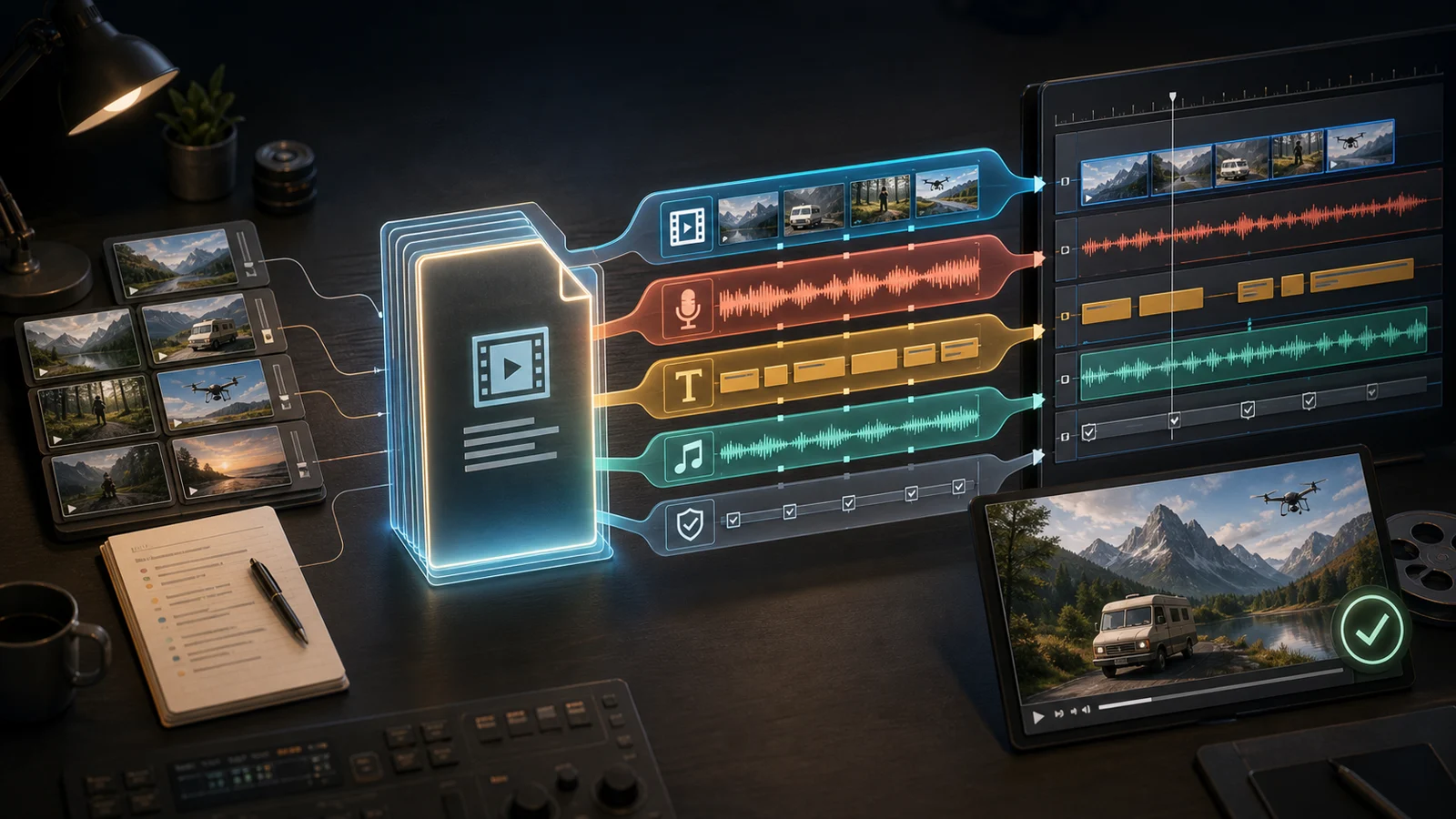 A portable project file branching into editable visual, voiceover, caption, music and verification tracks