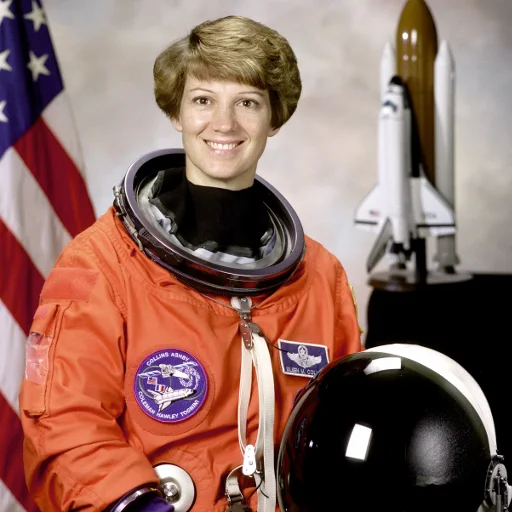 Original NASA portrait of Eileen Collins wearing an orange spacesuit